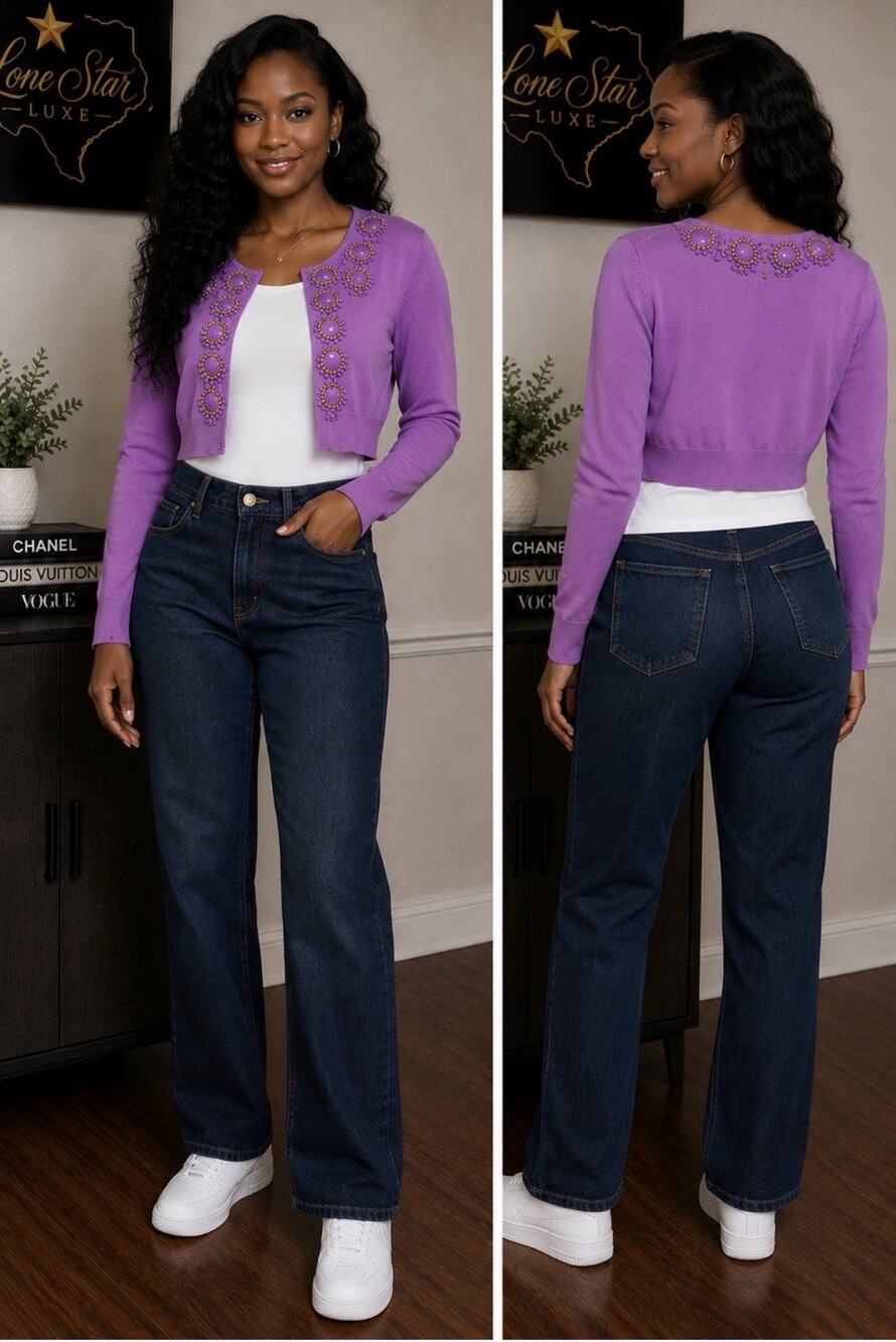 Milly of New York Women’s M Purple Embellished Beaded Cardigan Sweater